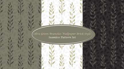 Olive Green Branches Wallpaper Brick Style Set Classic Abstract Seamless Repeating Pattern inspired by Greek Olives. Simple Elements combined with unique Olive Green Color Palette