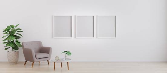 three blank poster frame in bright room with white wall and moderm furniture in scandinavian style  for mockup. Living room for mockup. 3d rendering