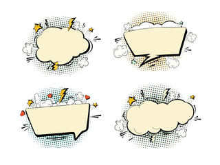 Comic empty speech bubbles on halftone dots.