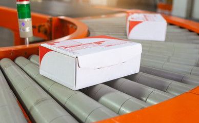 The parcel on the roller conveyor in distribution center. E-commerce and transportation are growing at an unprecedented rate all over the globe.