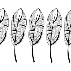 Decorative, ornate bird feathers. Black and white outline illustration for coloring book and page.
