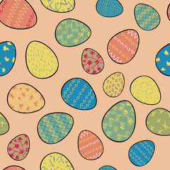 Seamless pattern with eggs. Easter hand-drawn decorative elements in vector. Easter eggs with different color patterns on a pink background.