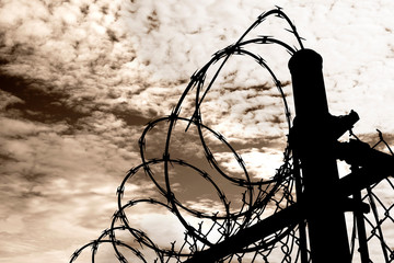 Prison Fence Against Dark Sky