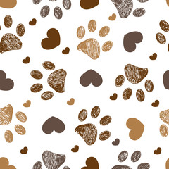 Doodle brown paw prints with hearts seamless fabric design pattern vector - 314719991