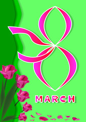 March 8. Poster for International Women's Day. Vector greeting card for Women's Day with a decor of tulips and leaves. Number 8 pink in vintage style on a green background. Applicable to web banner, f