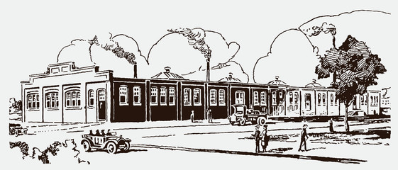 Exterior view of historical factory building with people, cars and trees, after antique engraving