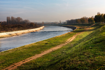 Nisava River on the outskirts of the City of Nis in Serbia, with walking and jogging paths and parks.