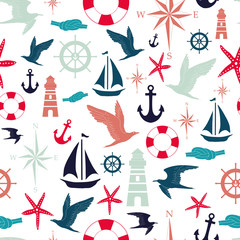 Vector white and red nautical elements seamless pattern background
