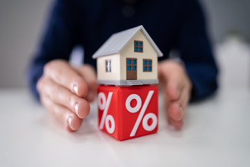 Person Protecting House Model Over Cube With Percentage Symbol