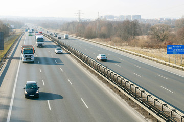KRAKOW, POLAND - FEBRUARY 19, 2019: The autostrada A4 (highway) in Poland near the Krakow city