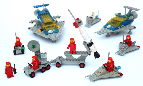 Leuven, Belgium - January 2020: editorial image of early 1980s vintage Lego Space set with spaceships and astronauts