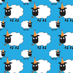 Cute seamless repeat pattern of sheep with party hat and blower.