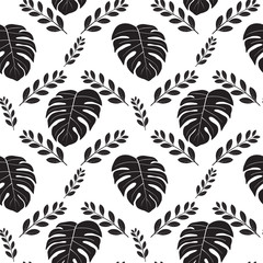 Tropical diamond array repeat seamless pattern of monochrome leaves on background.