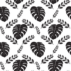 Tropical diamond array repeat seamless pattern of monochrome leaves on background.