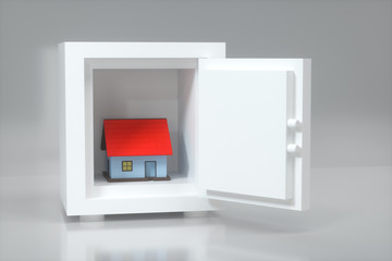 The small house model in the safe box, 3d rendering.