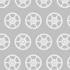 Seamless repeat vector pattern of steampunk gear wheels textured on grey background.