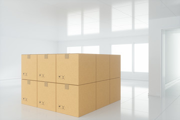 Stacked cardboard in the empty room, with sunlight come from the windows, 3d rendering.