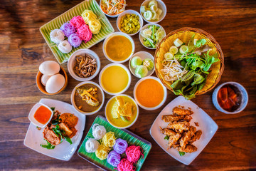 High angle food background, Thai food at restaurant