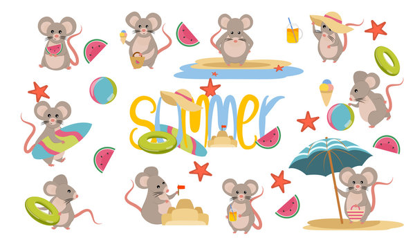 Set cute funny mice in the summer. Beach relax, games and surfing. The mouse and the rat. Children's Vector illustration