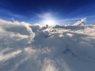 Clouds view from above, sunrise among the clouds, 3D rendering