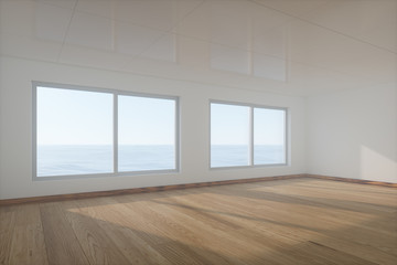 The empty room with wooden floor. Out of the window is the sea. 3d rendering.