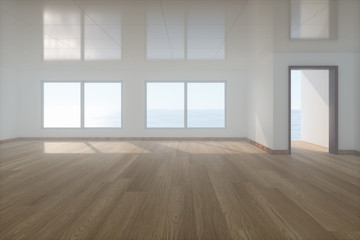 Fototapeta na wymiar The empty room with wooden floor. Out of the window is the sea. 3d rendering.
