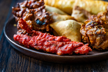 Indian Chicken Pakora with Samosas / Samsa, Pakora and Alo Tikki.