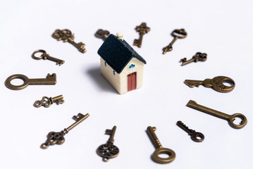 Keys and a little house on a white background,
