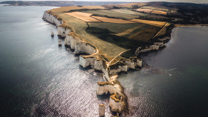 A drone shot of Old Harry Rocks
