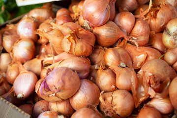 A view of several shallots on display at a local farmers market.