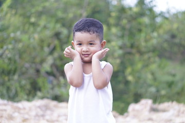 Portrait of cute happy boy close-up of smiley face Little kid 2 year old    