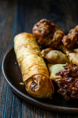 Spring Rolls with Samosas / Samsa with  Chicken Pakora and Aloo Tikki.