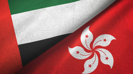 United Arab Emirates and Hong Kong two flags textile cloth, fabric texture