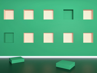 Abstract green and coral mockup background with square holes in wall; minimal geometric concept space; empty showcase; niche 3d rendering, 3d illustration