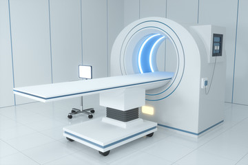 The medical equipment CT machine in the white empty room, 3d rendering.