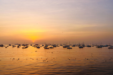 Fisherman boats in water of Arabian Sea on sunrise. Mumbai. India
