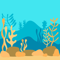 Fototapeta na wymiar Underwater world, landscape with seaweed. the silhouette of the plants in a flat cartoon style. Hand-drawn vector illustration
