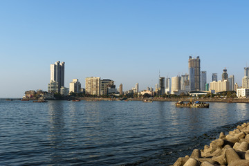 View of skyline on coast of Worli neighborhood from Haji Ali Dargah in Mumbai. India