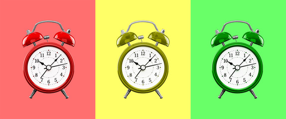 Three colored alarm clocks on a background of colored squares of the opposite color.