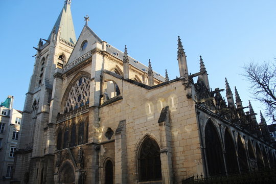 Saint Severin flamboyant gothic church with blue sky. Paris, France.