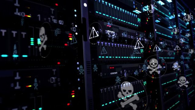 Modern servers room with symbols of cyber crime, attack, security alert, theft, virus and computer protection. Futuristic digital loopable and seamless 3d rendering concept animation.