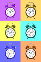 Six color alarm clock on a background of colored squares of the opposite color.