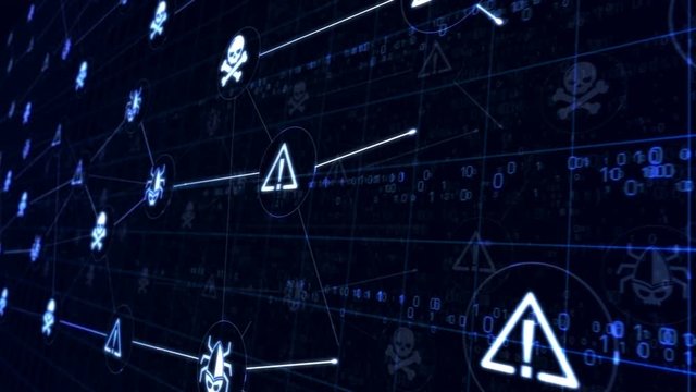 Modern concept of cyber crime, attack, hacking, security alert, theft, virus and computer protection. Connection line symbols 3d rendering animation. Loopable seamless futuristic digital background.