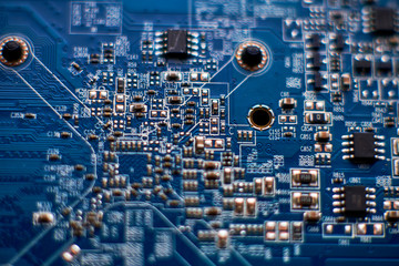 printed circuit Board with chips and radio components electronics