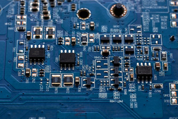 printed circuit Board with chips and radio components electronics