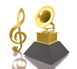 Treble clef sign and statuette of a golden gramophone (3d ilustration).