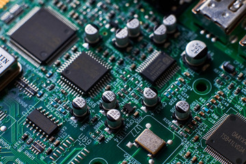 printed circuit Board with chips and radio components electronics
