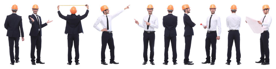 panoramic photo collage of confident architect isolated on white