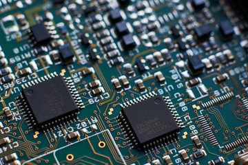 printed circuit Board with chips and radio components electronics