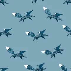 Papier peint Style scandinave Modèle sans couture avec de mignons renards scandinaves bleus sur fond bleu. Illustration vectorielle plane.